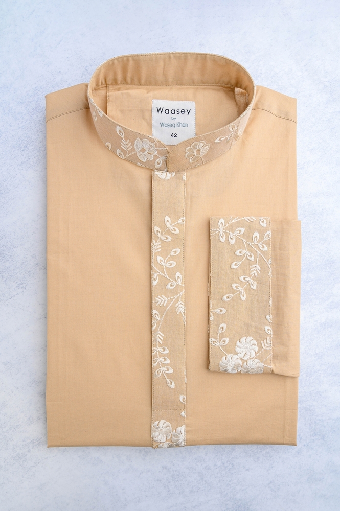 Beige Panjabi with Subtle White Floral Embroidery